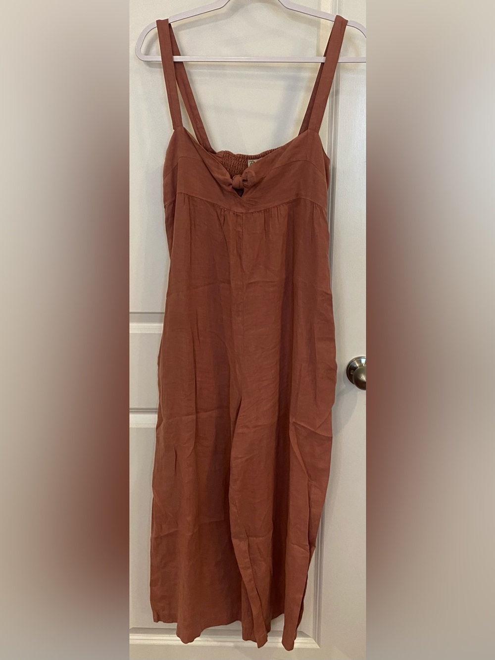 Faherty Jumpsuit Sz S Terracotta Tie-Front w/Cutout Empire Waistline Adjustable